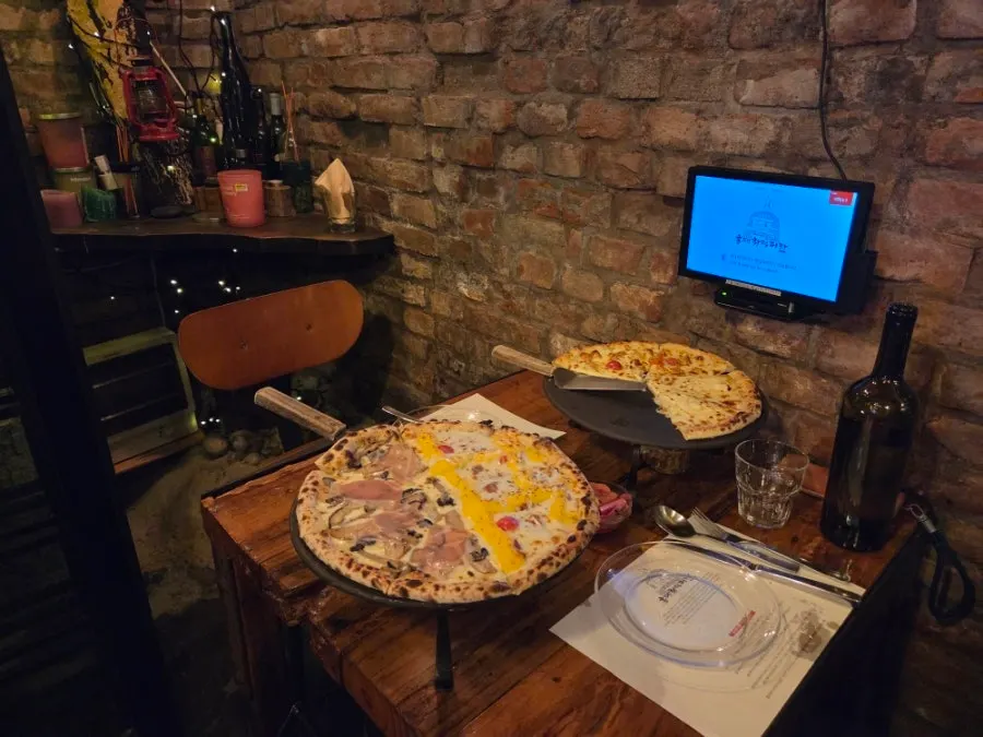 A whole Napoli-style wood-fired pizza at Hongdae Hwadeok Pizza