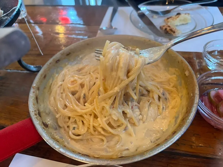 Close-up of shrimp cream pasta