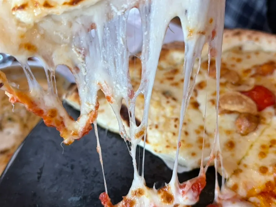 Close-up of the pizza divided into four flavors