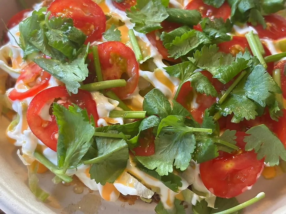 Mexican taco gyoza topped with cilantro and sauce
