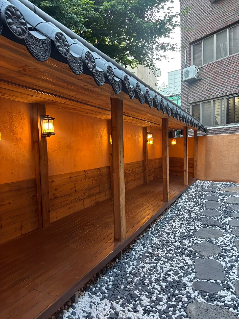 Tranquil hanok restaurant exterior in the heart of Hongdae