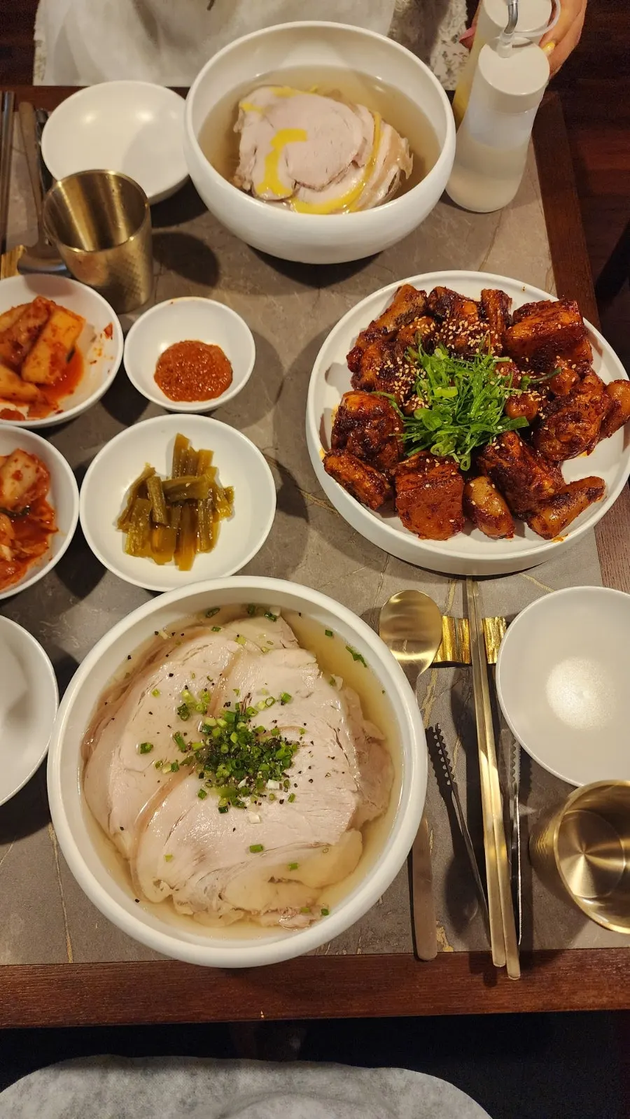 Dinner spread with gomtang and cold noodles
