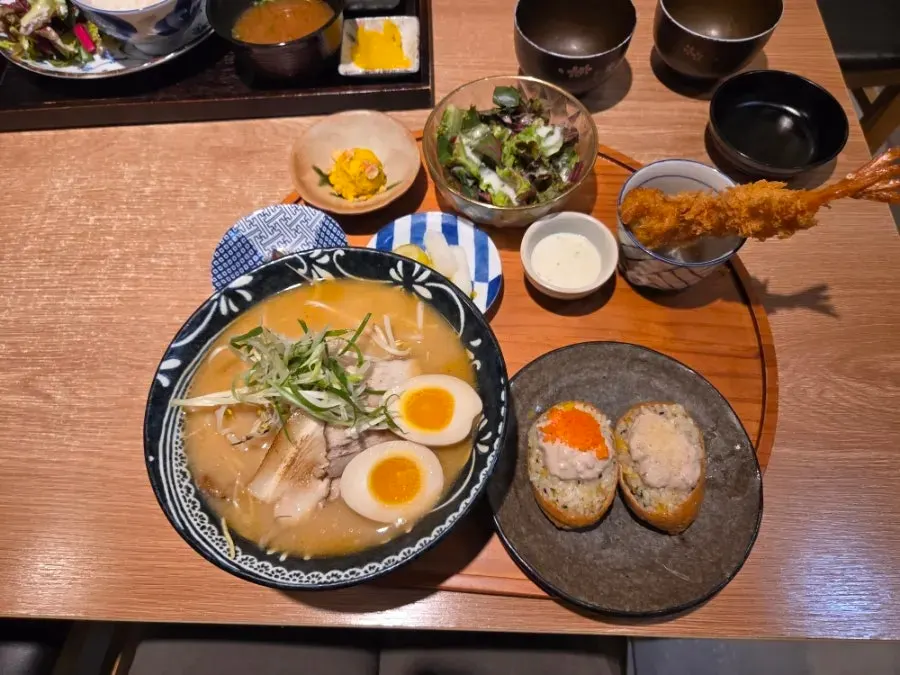 Thick pork katsu with salad, rice, and soup