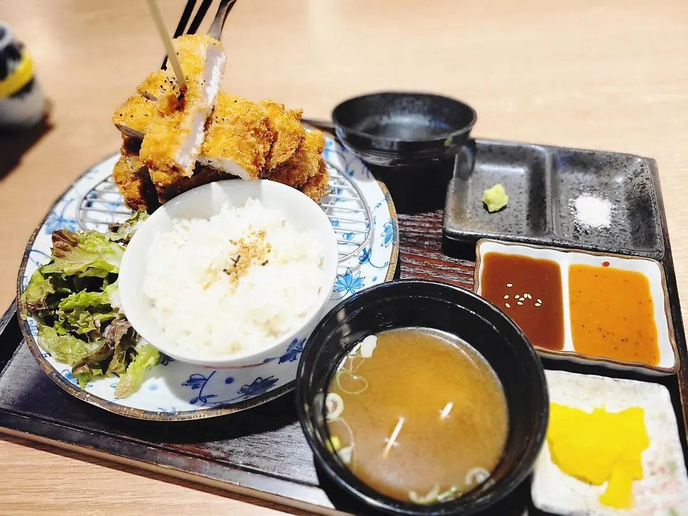 Full spread of the Mt. Aso pork loin katsu set