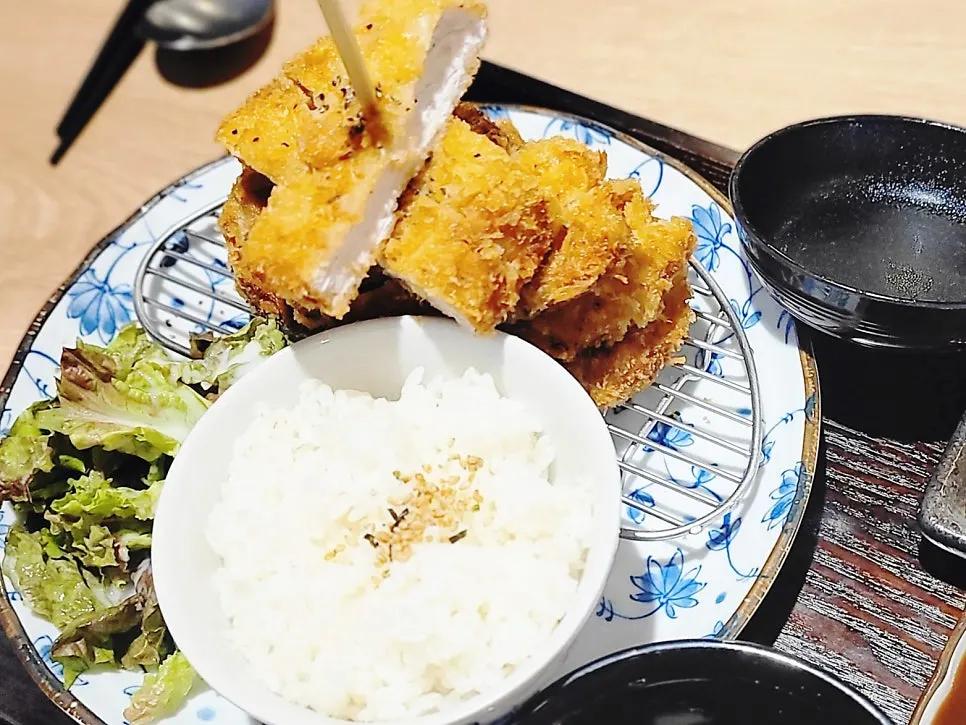 Skewered pork loin katsu with rice and salad