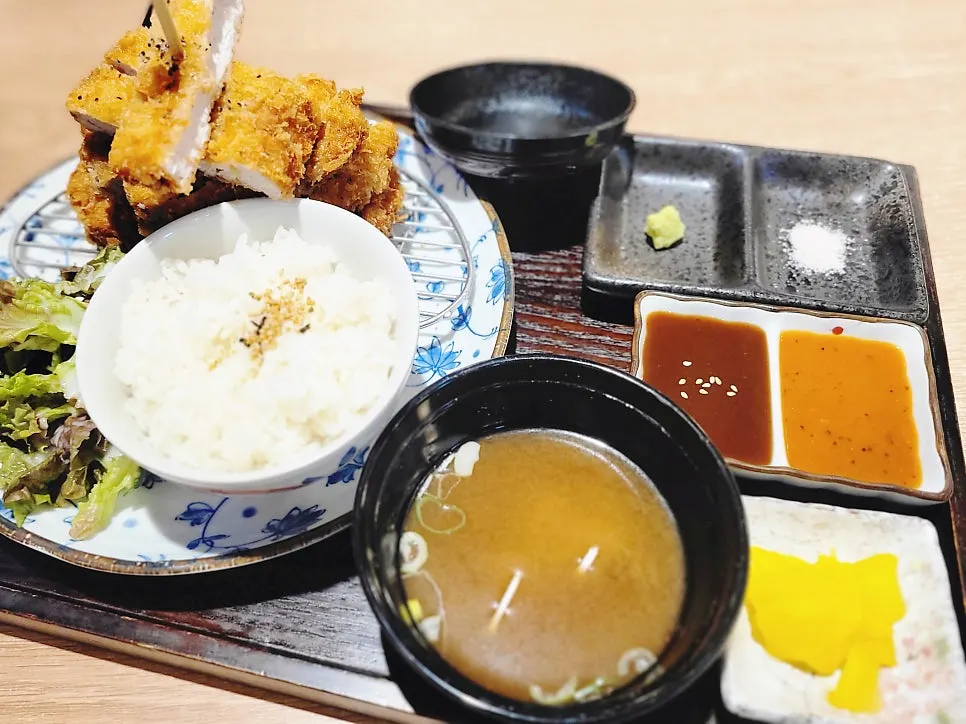 Plate with two sauces, salt, and wasabi