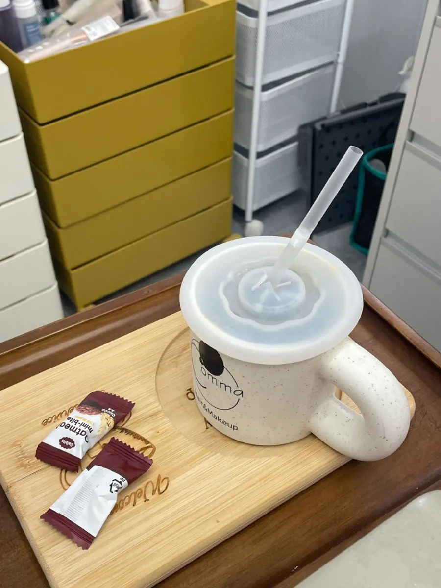 Table in the makeup room set with depuffing tea and snacks