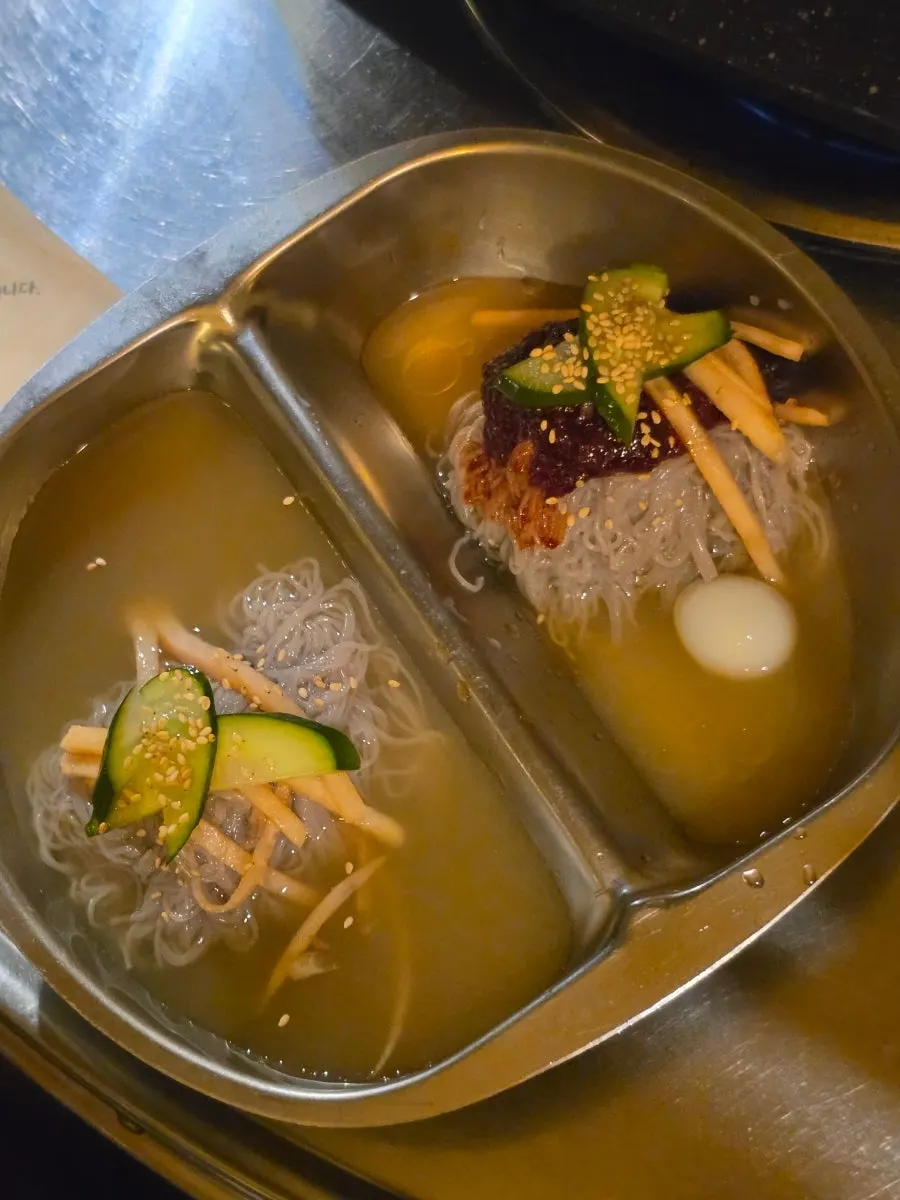 Half-and-half naengmyeon with both water and spicy noodles