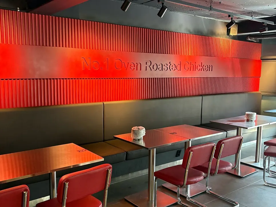 Wide shot of the table with chicken and cola