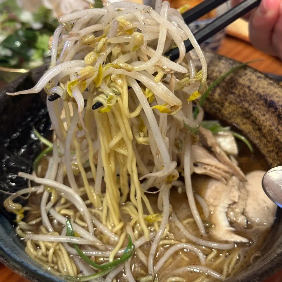 Close-up of the dark broth in the Kumamoto-style ramen