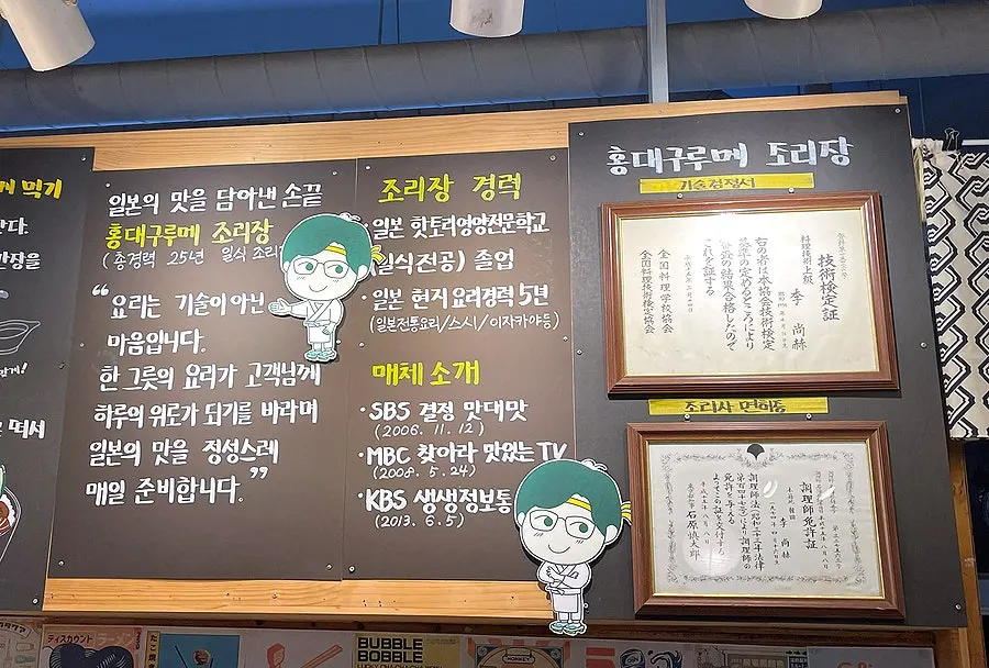Wall display of the head chef's career history