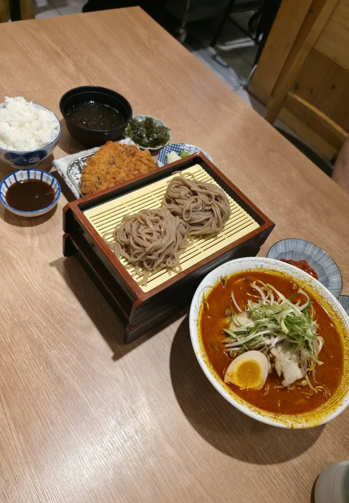 Full spread of soba katsu set and spicy ramen