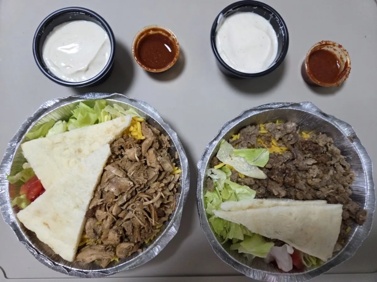 Halal Steaks takeout platter with pita bread included