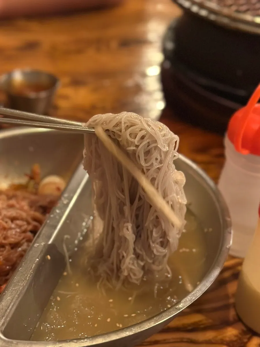 물냉면 쪽 면발 클로즈업