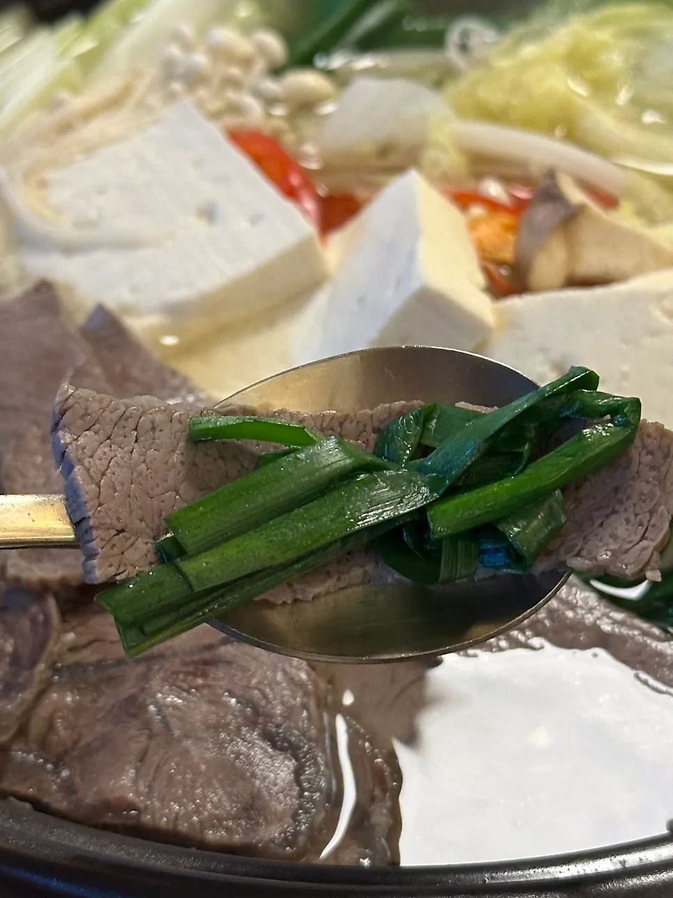 A piece of hanwoo beef with chives