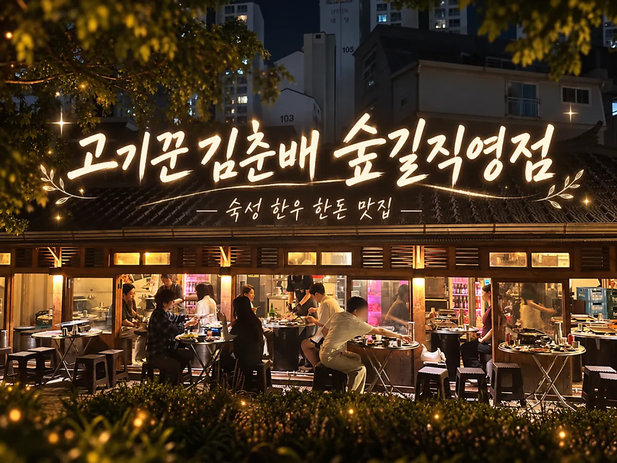 Tiled-roof Korean barbecue restaurant exterior at night