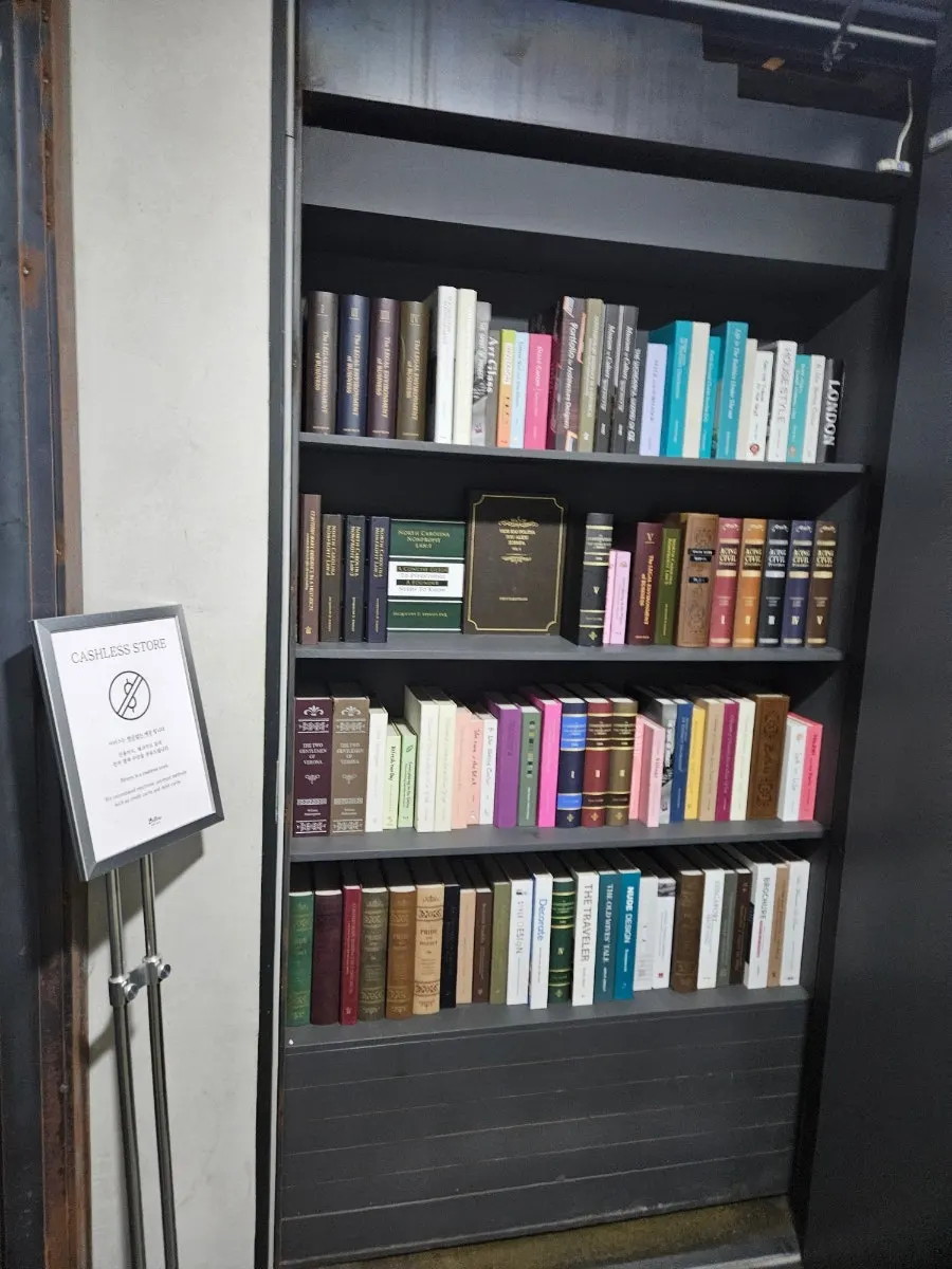 Bookshelf in front of Bitters' basement-level entrance