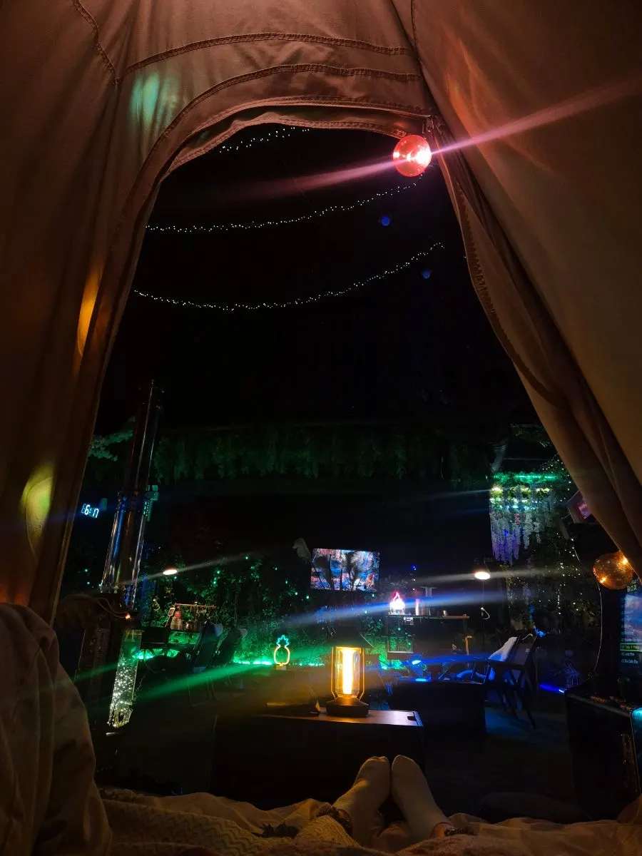 Indoor gathering space with a camping atmosphere in the city