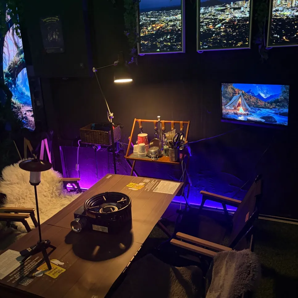 Camping-themed interior of TAGE Indoor Camping in Hongdae