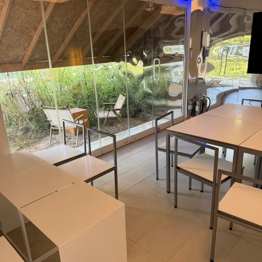 Camping-style terrace seating on the second floor at Naemyeonui Balgyeon
