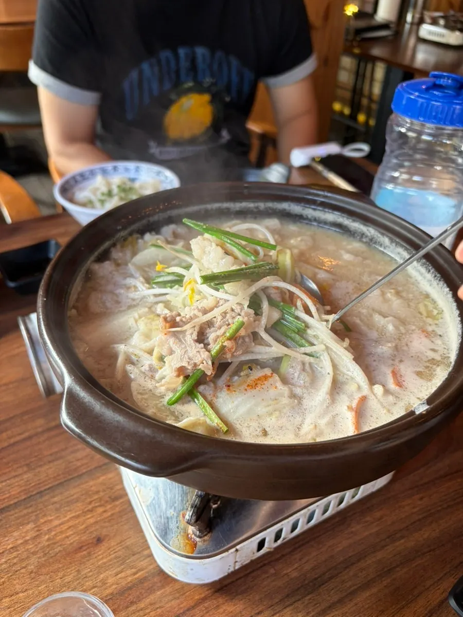 Milky broth of the Korean beef motsunabe