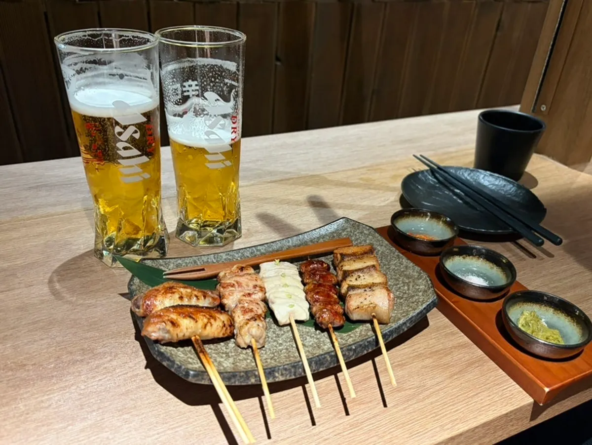 Yakitori five-skewer assortment with chicken wing, pork jowl, heart, tenderloin, and breast