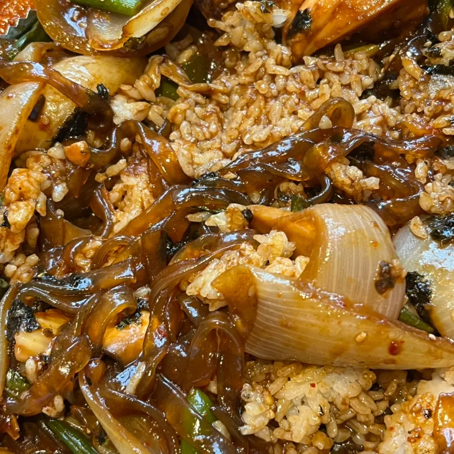 Glass noodles coated in the jjimdak sauce