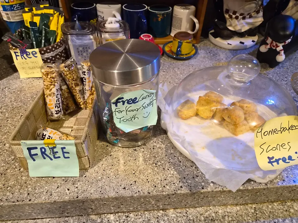 Free scones, barley crackers, tea, and coffee