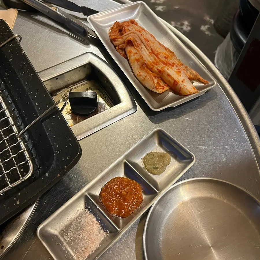 Salt, ssamjang, and minced garlic sauce trio