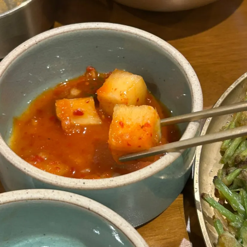 새콤하게 익은 깍두기 접시