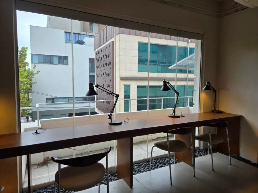 Varied seating styles on the second floor