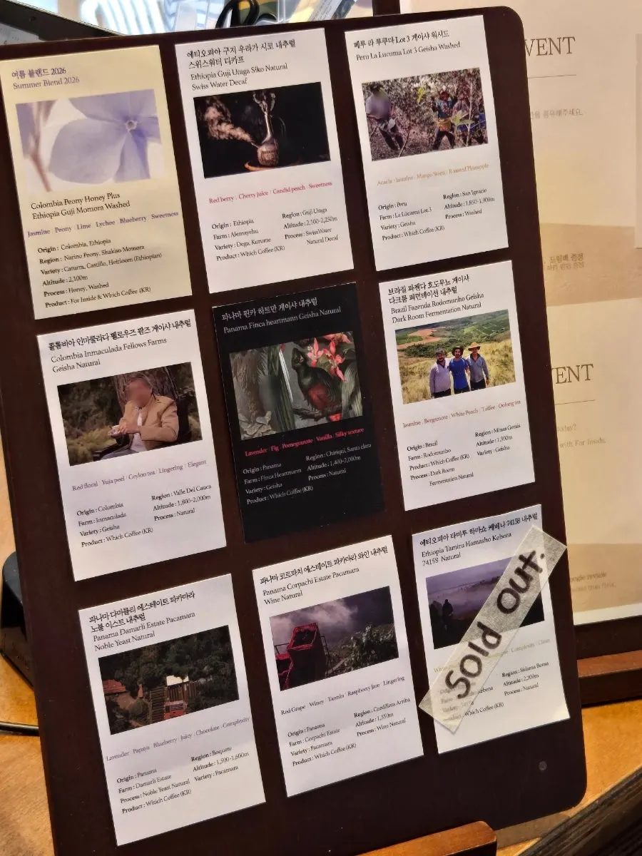 Menu board showing the 9-bean drip coffee lineup