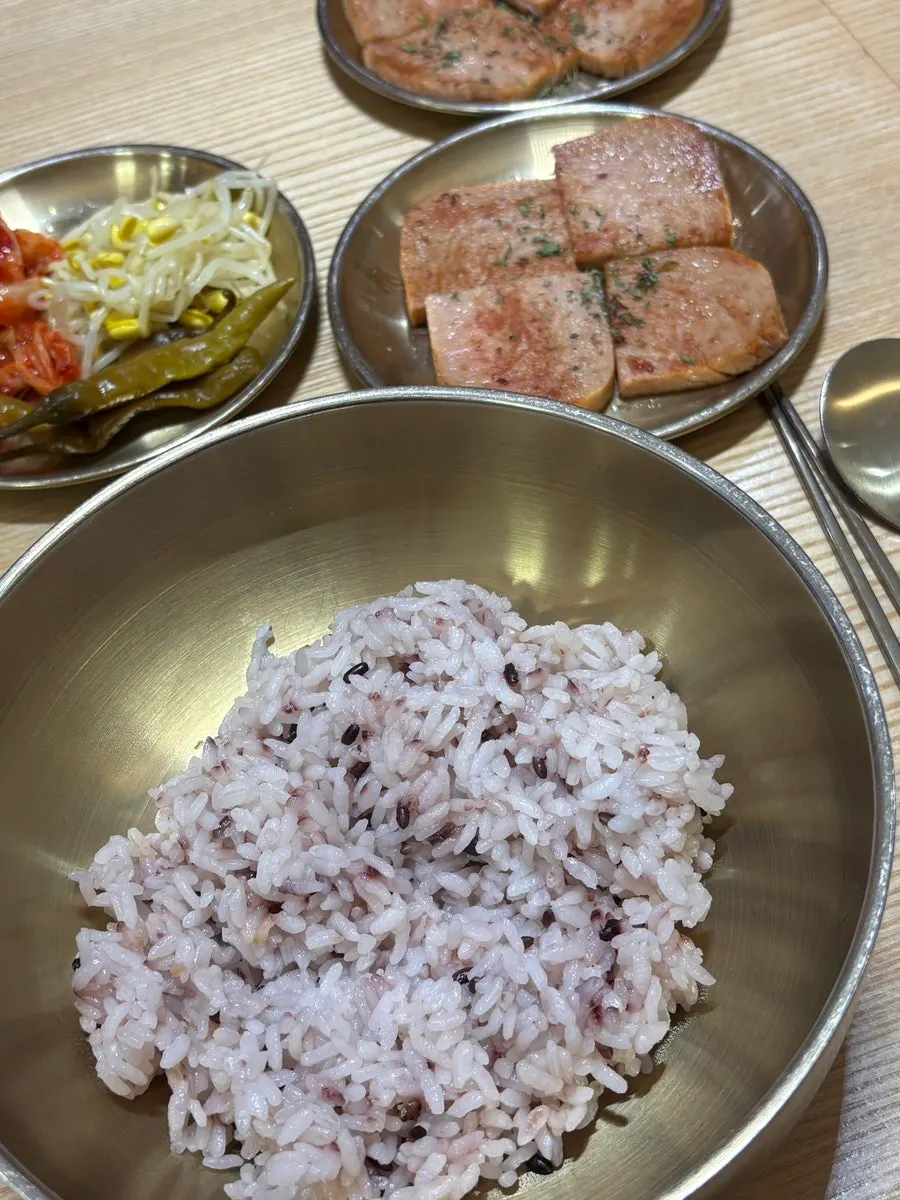 Two pieces of grilled spam at Bap Jangin Hongdae Branch