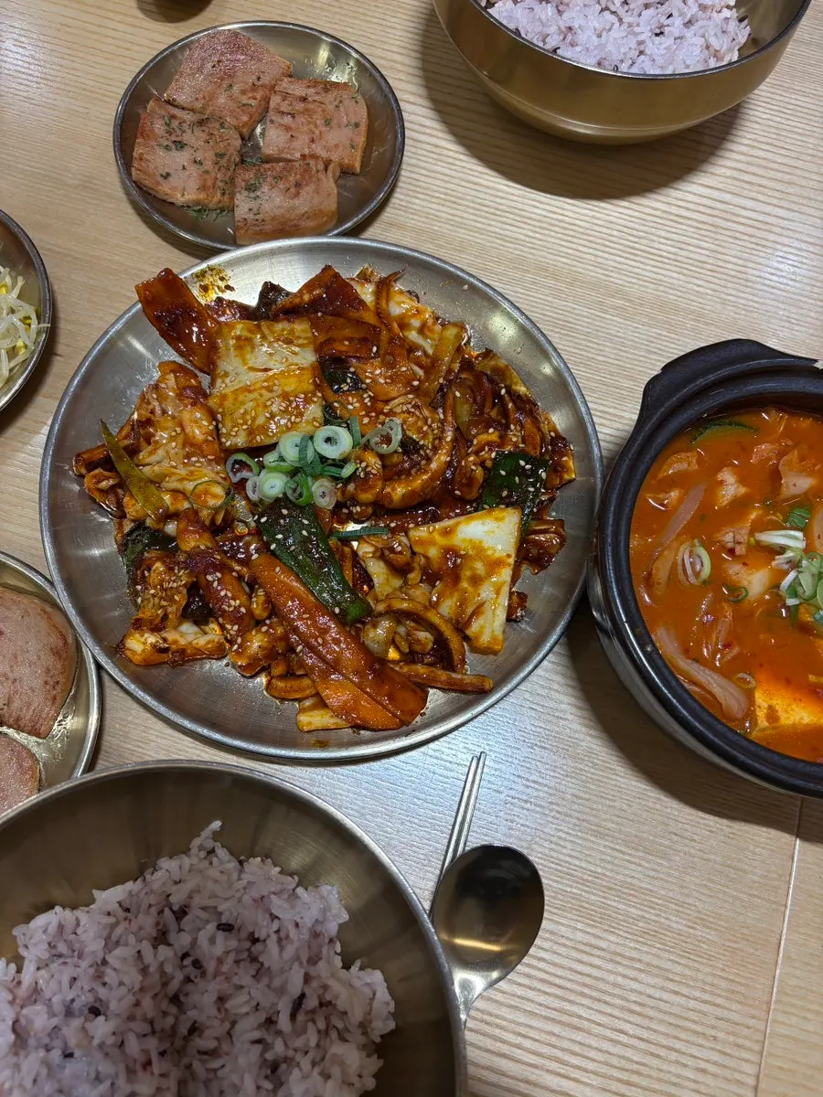 Close-up of Bap Jangin's smoky squid stir-fry