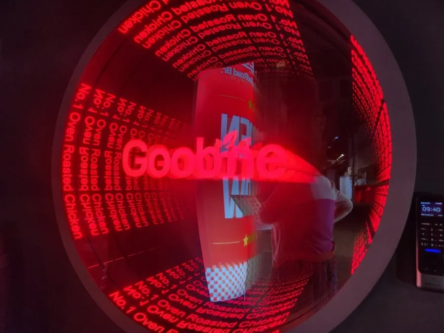 Interior of Goobne Chicken Hongdae Red Road under red lighting
