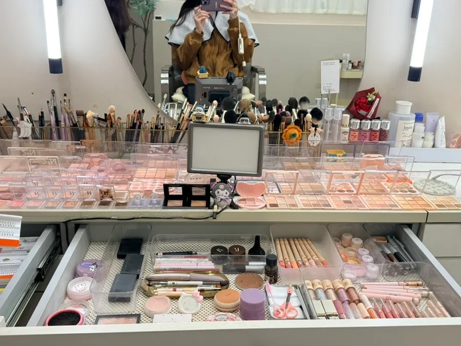 Makeup products on display