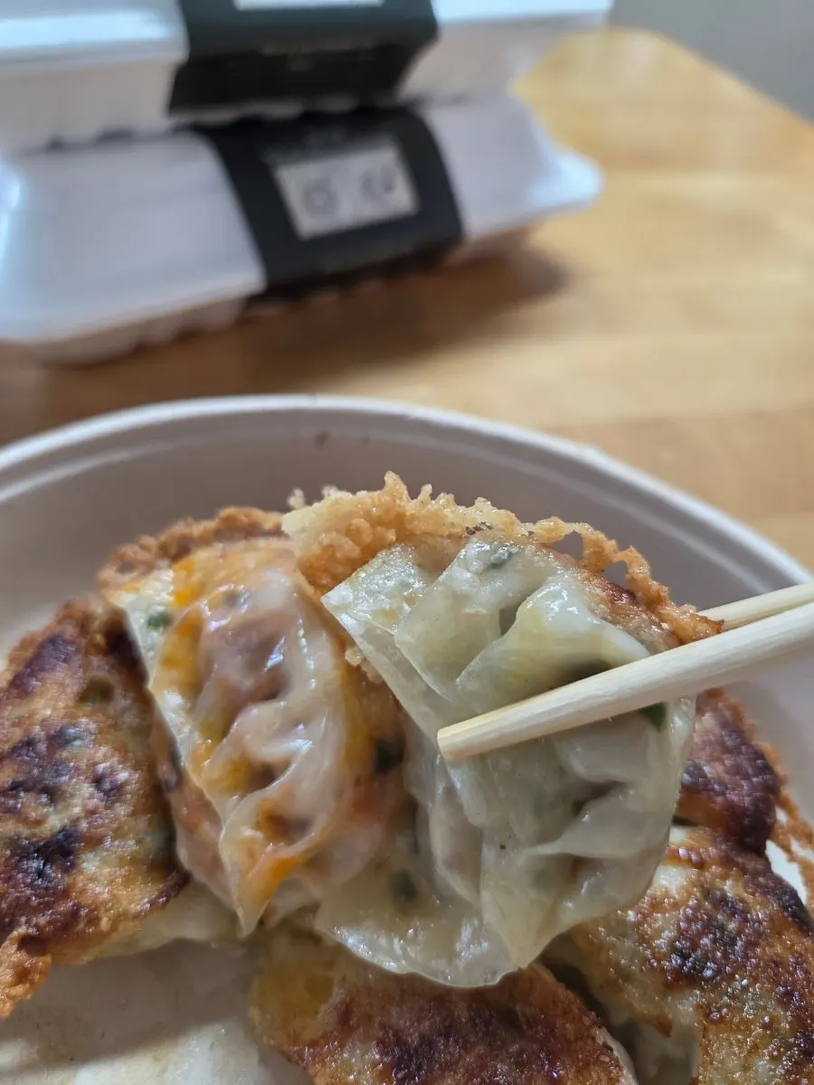MANDOO BAR gyoza pan-fried in a circular arrangement