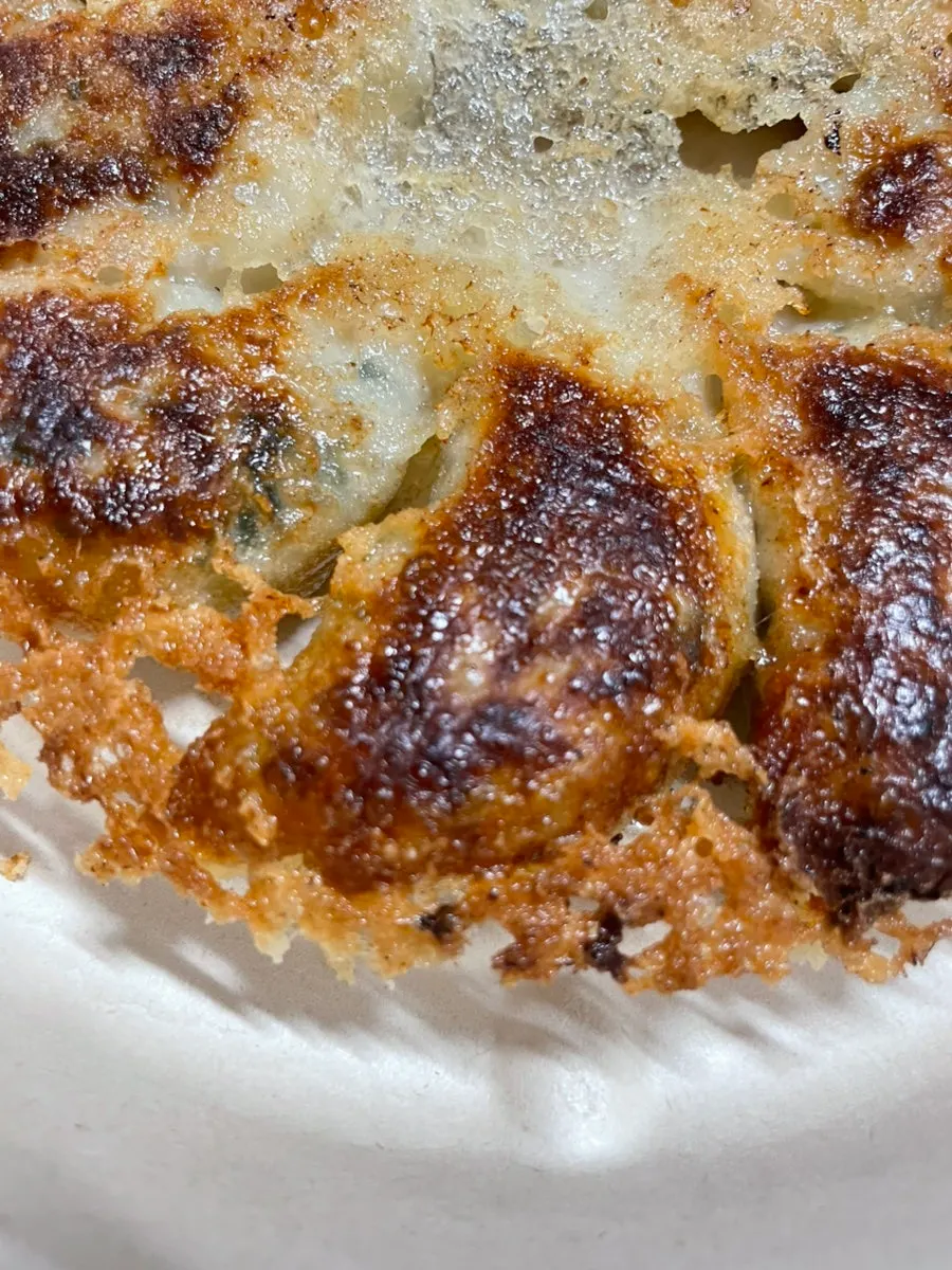 Cross-section of the pancake-style grilled MANDOO BAR gyoza