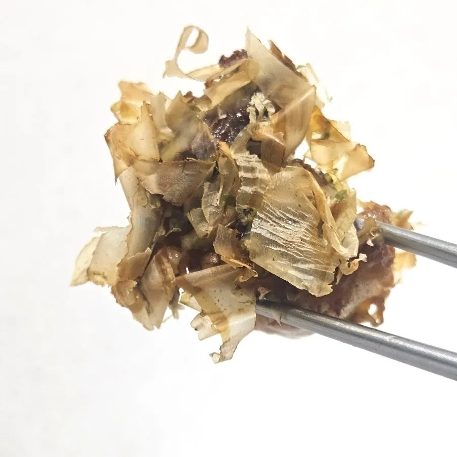 Gyoza topped with bonito flakes and sauce