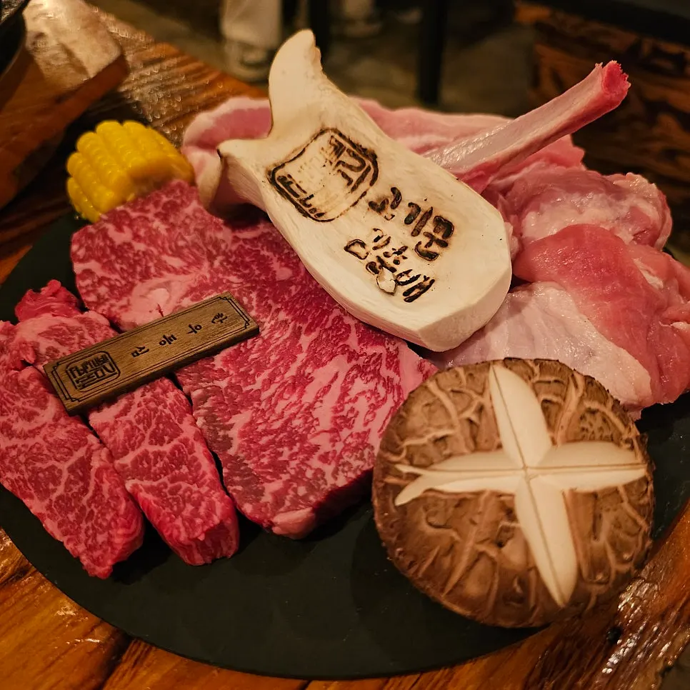A plate of clearly marbled hanwoo beef
