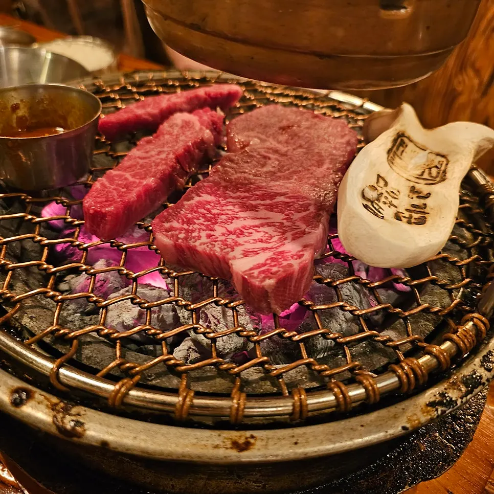 Meat grilling over charcoal
