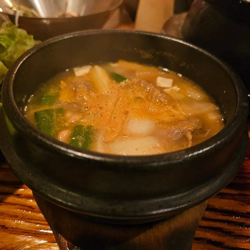 Chadol dwenjang jjigae served bubbling in a stone pot