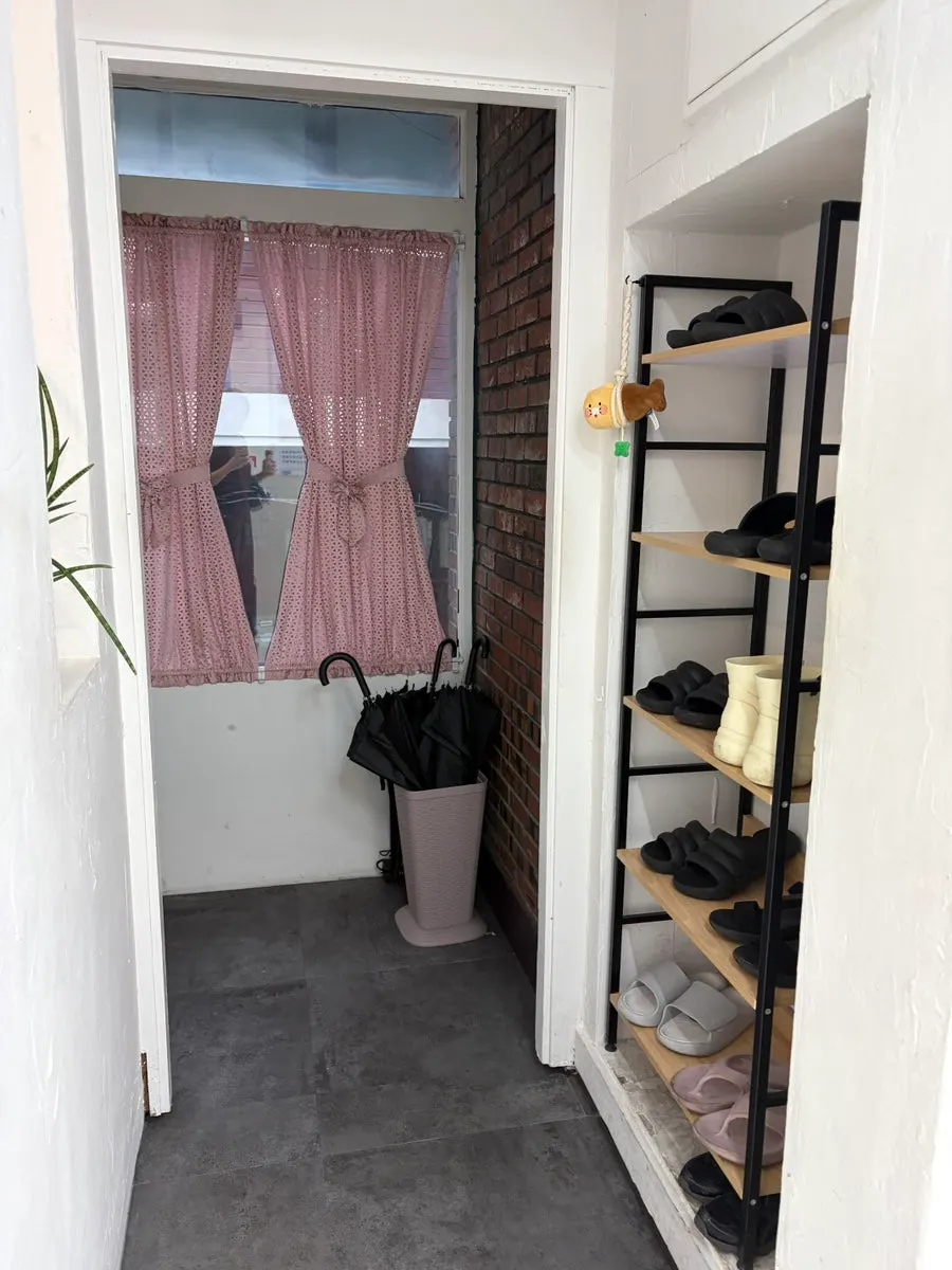 Entrance curtain, shoe rack, and slipper area
