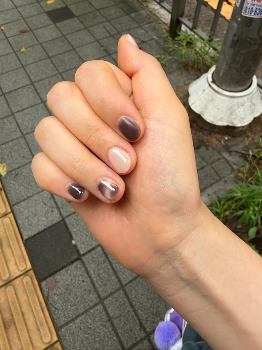 Finished hand with brown magnetic nails and beige accent