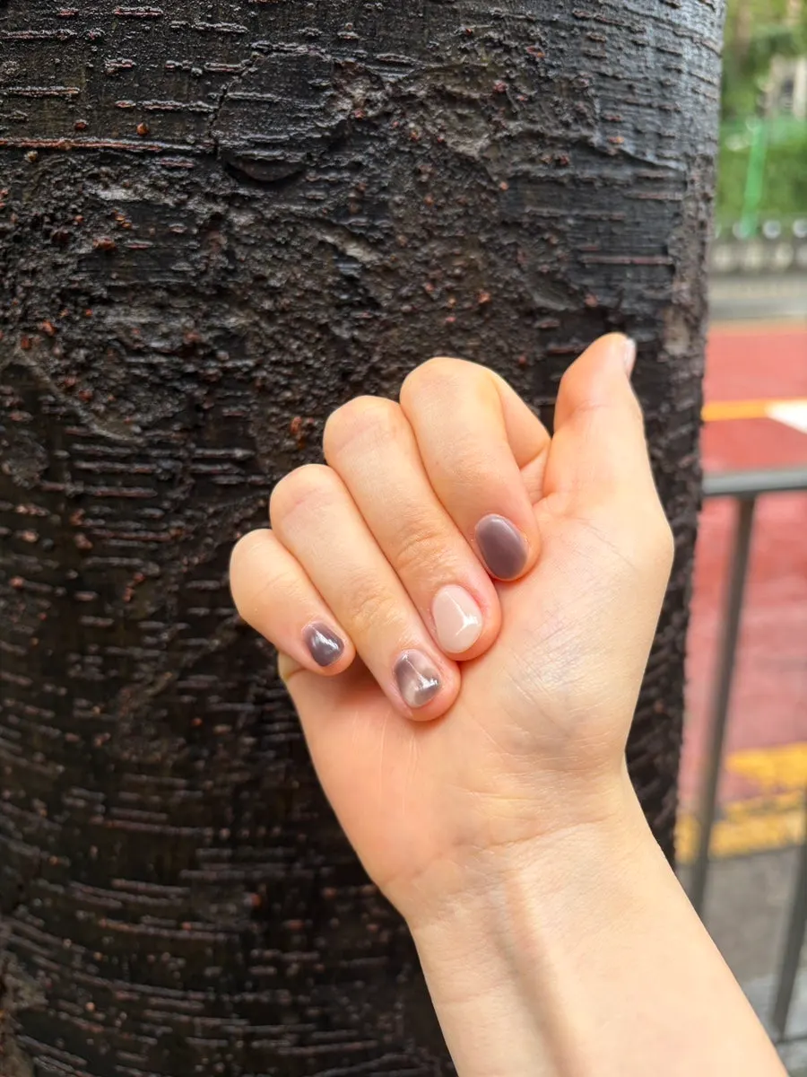 Brown magnetic nails photographed against a tree