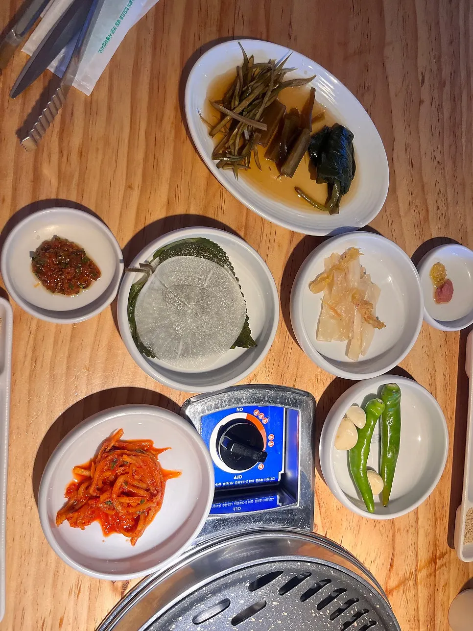 Basic table setup with pickles and aged kimchi