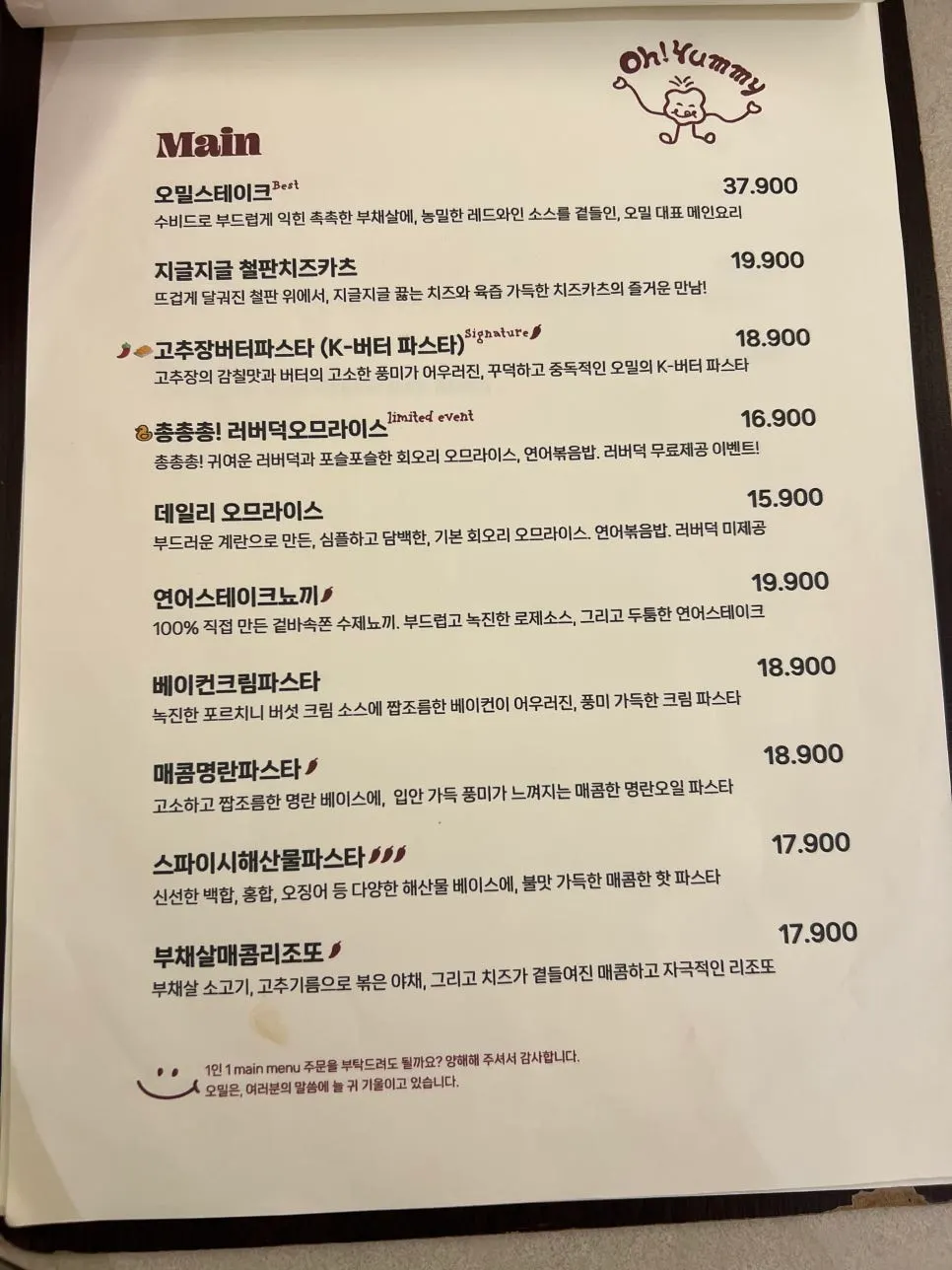 Page of Omil Hongdae's main menu items