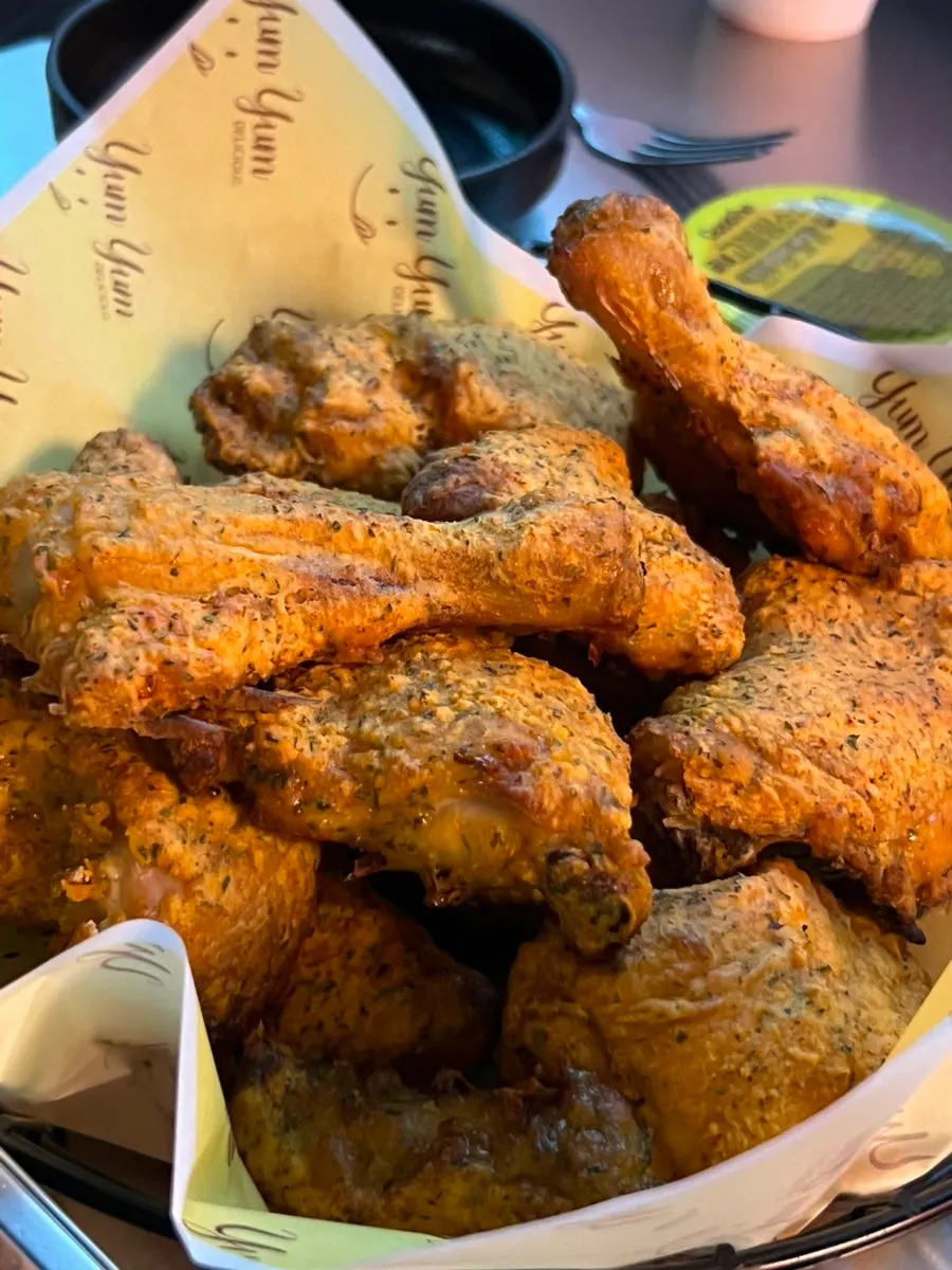 Golden brown oven-roasted Gochu Basasak chicken