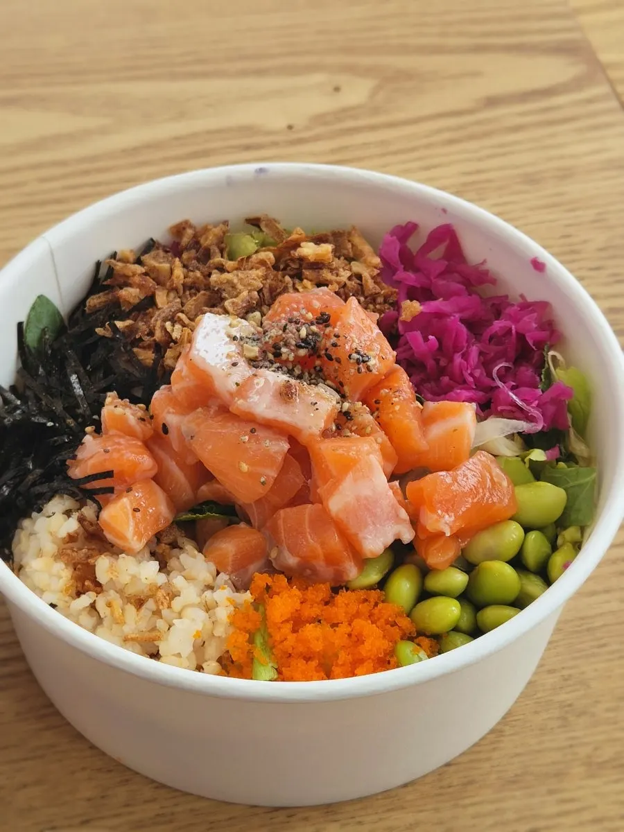 Vertical shot of poke bowls at Slow Cali Hongdae Entrance Station Branch