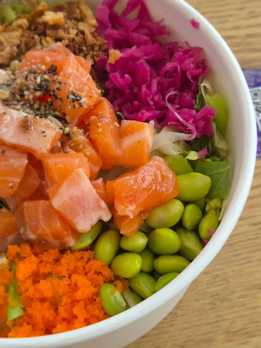 Close-up of salmon poke toppings